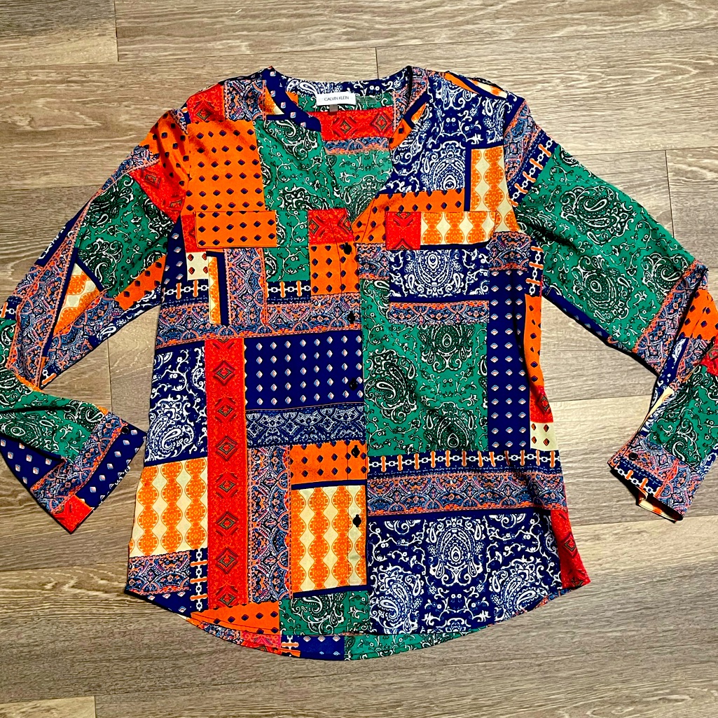 Calvin Klein Patchwork Print Button Front Blouse Multicolor Medium